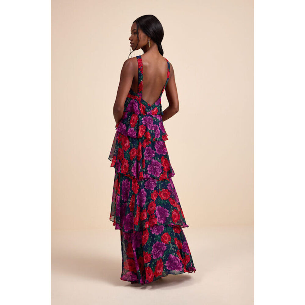 Lulus Allegria Navy Floral Clip Dot Tiered Backless Maxi Dress Black